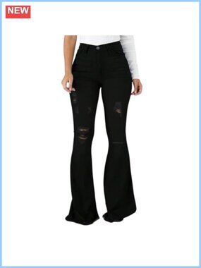 High Rise Elastic Ripped Denim Bell Bottom Jeans for Women Flared